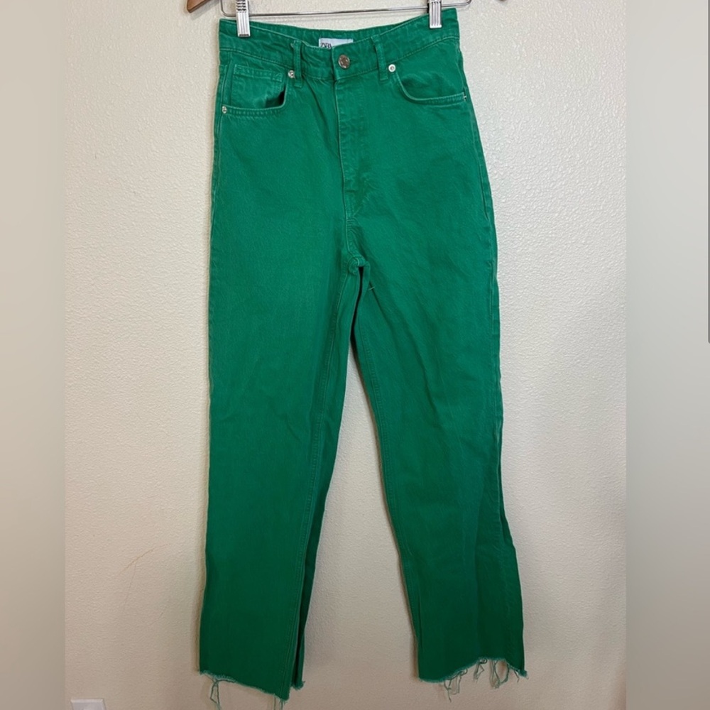 Zara green high rise cotton straight leg jeans 4